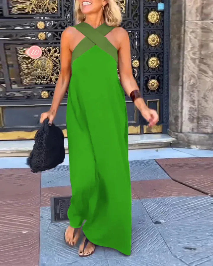 Women's Long Cross Dress Skirt European Style Mid-Waist A-Line Dress Polyester Fabric No-Sleeve Business Wear Single Piece