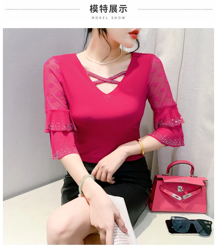 2026 Spring Summer Mesh Tops Korean Fashion Diamond T Shirt Slim 3/4 Sleeve Hollow Out Casual Women Shirt