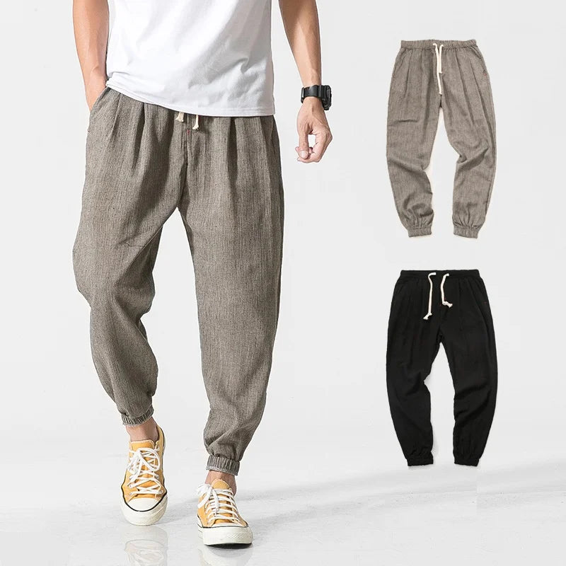Men's Cotton Linen Casual Pants Baggy Streetwear Men Joggers Sports Trousers Solid Color Long Straight Trendy Pants for Men