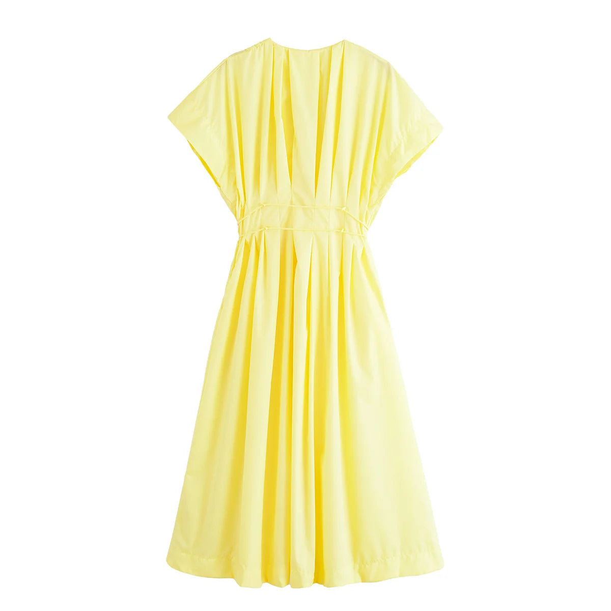 HH Women's Summer Fashion V-neck Lace-up Midi Short Sleeve Dress Female Elegant Backless Pleated Sexy Waist Long Dress