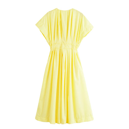 HH Women's Summer Fashion V-neck Lace-up Midi Short Sleeve Dress Female Elegant Backless Pleated Sexy Waist Long Dress