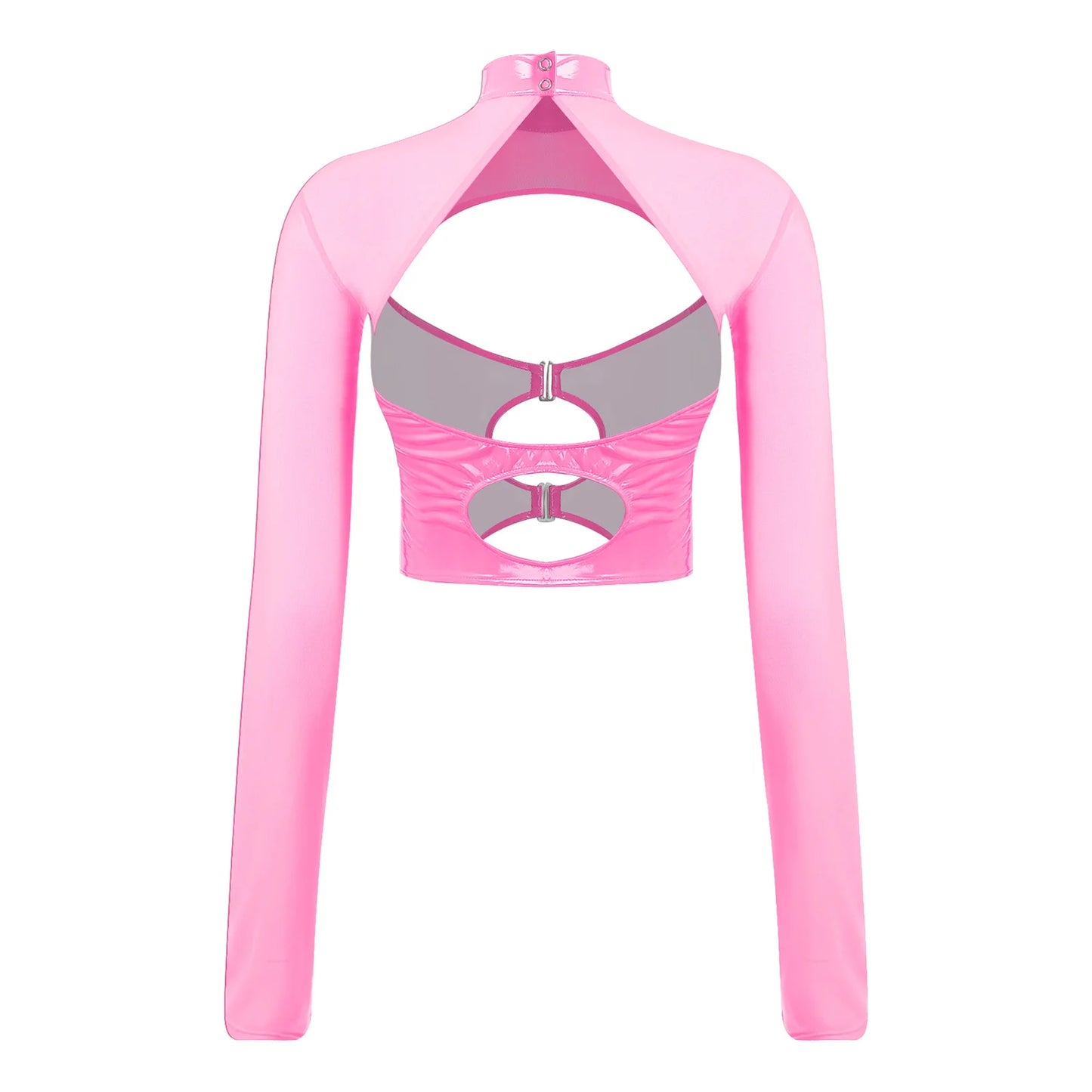 Womens Sheer Mesh Leather Patchwork Crop Top Long Sleeve Hollow Out Slim Fit Glossy Blouse Tops for Halloween Party Raves Dance