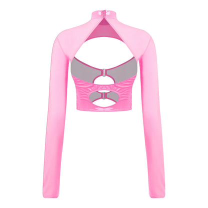 Womens Sheer Mesh Leather Patchwork Crop Top Long Sleeve Hollow Out Slim Fit Glossy Blouse Tops for Halloween Party Raves Dance