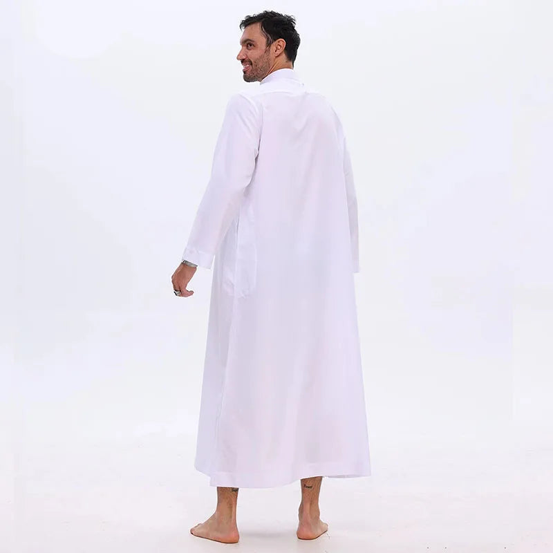 Islamic Men's Clothing White Long Sleeve Loose Muslim Long Robe Man Abaya Arab Kaftan Button Stand Collar Thobe Jubba