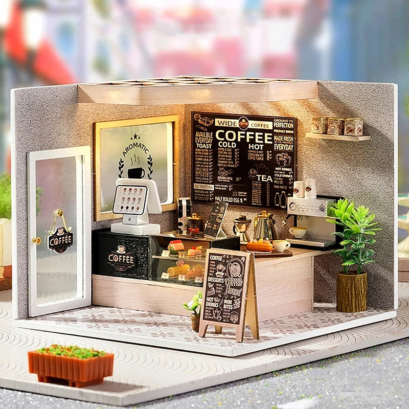 DIY Wooden DollHouse Leisurely Coffee Shop Dollhouses Scene Model Miniature Doll House Wooden Assembly Model Toys For Xmas Gifts