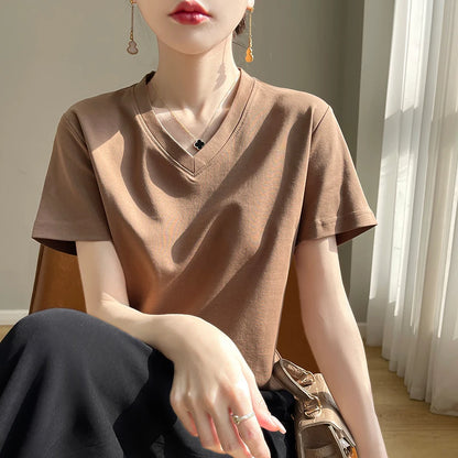 2026 Summer New Pure Cotton V-neck Short-sleeved T-shirt Women's Solid Color Joker Pullover Shirt with Loose Sleeve Bottom Shirt