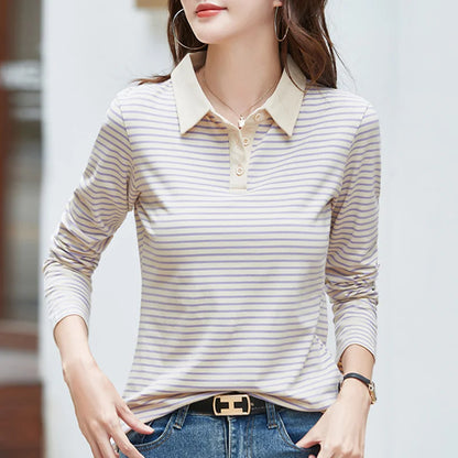 Spring Long Sleeve Striped Polo Shirt Women Cotton Stretch Fashion Summer Autumn Elegant Knitted Polo T-shirt For Women 2024