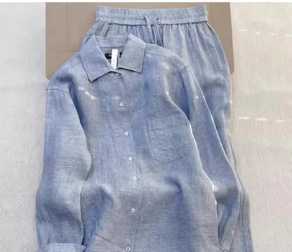 New Summer Women Leisure Lapel Collar Shirt Elegant Pantsuits Fashion Blue Suit Two-piece Set Simple Loose Comfortable Shirt