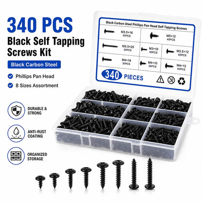 340PCS Assorted Screw Kit Black Carbon Steel Phillips Tapper Screws Set for DIY Furniture Wood Working Repair Fasteners Tool