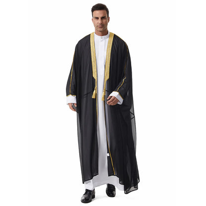 Middle Eastern Men's Long Robe Muslim Dress Kimono Islamic Clothing Prayer Ramadan Eid Al Fitr Hanging Tassel Outer Garment