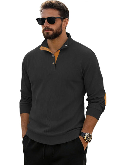 Men‘s Corduroy Button Up Pullover Stand Collar Contrast Elbow Patch Casual Top 2026