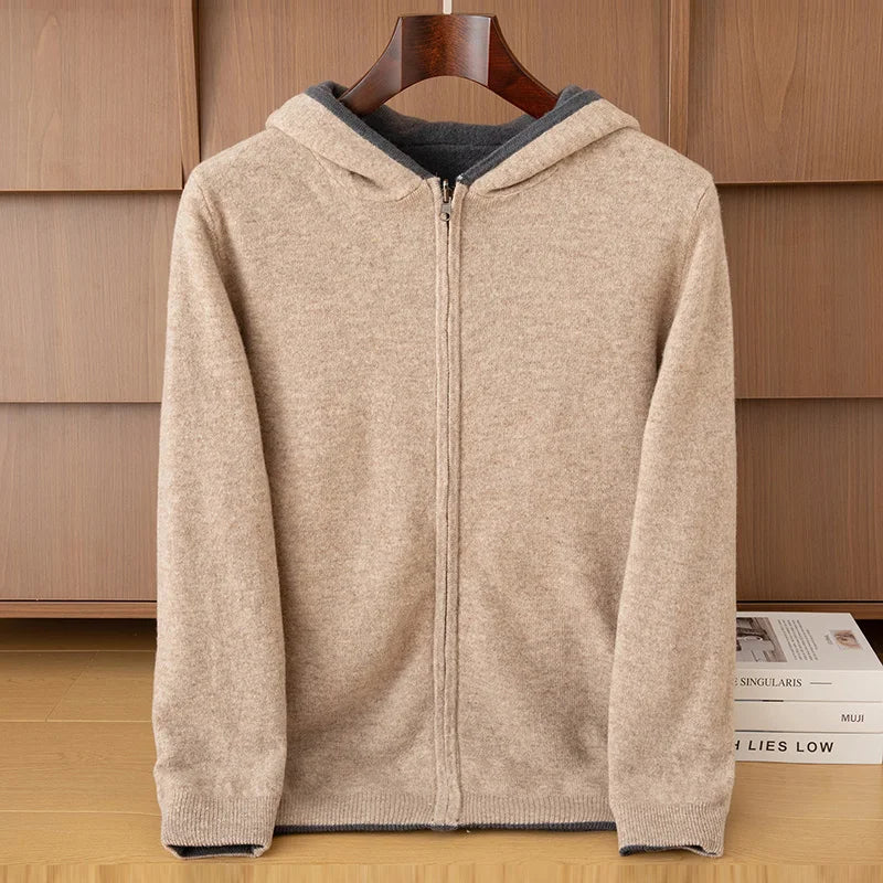 Double-Sided Cashmere Hooded Cardigan For Men Autumn And Winter Wearing Sweater Thickened Pure Wool Knitted Loose Zipper Coat