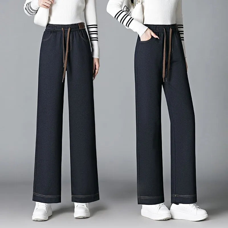 High Waist Fleece Lined Thick Wide Leg Jeans Women's Casual Straight Leg Pants Autumn Winter Loose Fit Comfortable Trousers