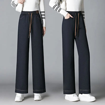 High Waist Fleece Lined Thick Wide Leg Jeans Women's Casual Straight Leg Pants Autumn Winter Loose Fit Comfortable Trousers