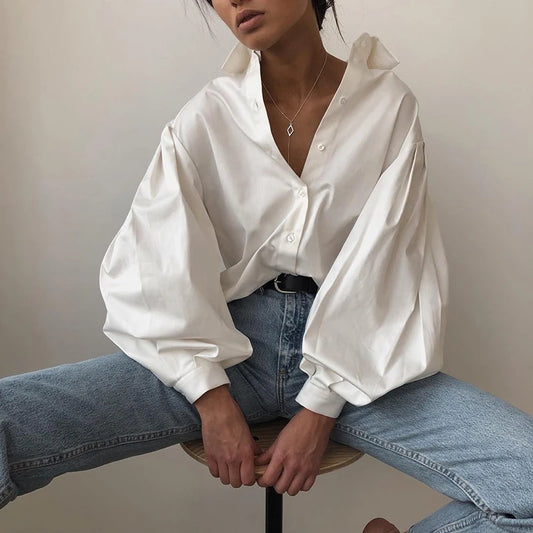 2025 Autumn Lantern Long Sleeve Elegant Blouse Shirt Women Basic Top Casual Turn Down Collar Office Lady White Shirt Tops Blusas