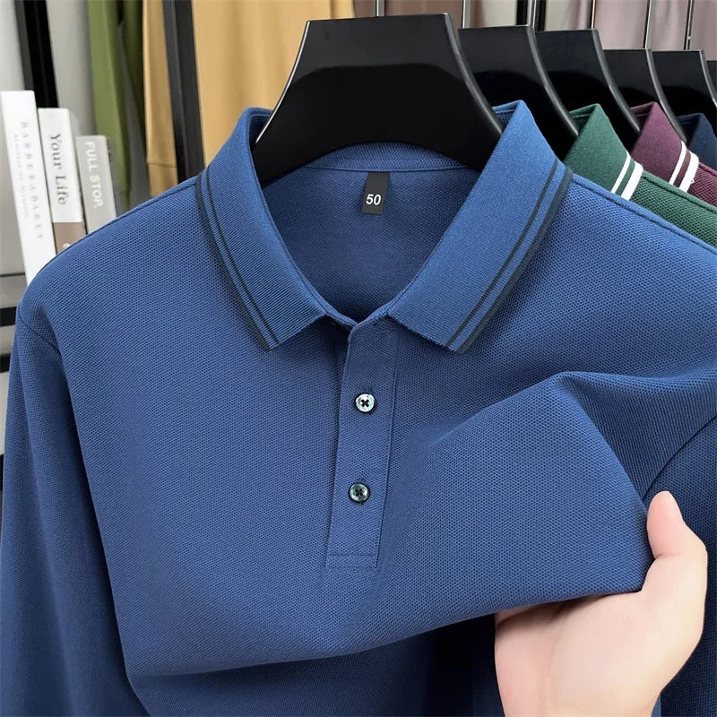 Men's 100% Cotton Long-Sleeve Polo Shirt - Light Purple Soft Knit  Breathable Business Casual Hexagon Pique Texture