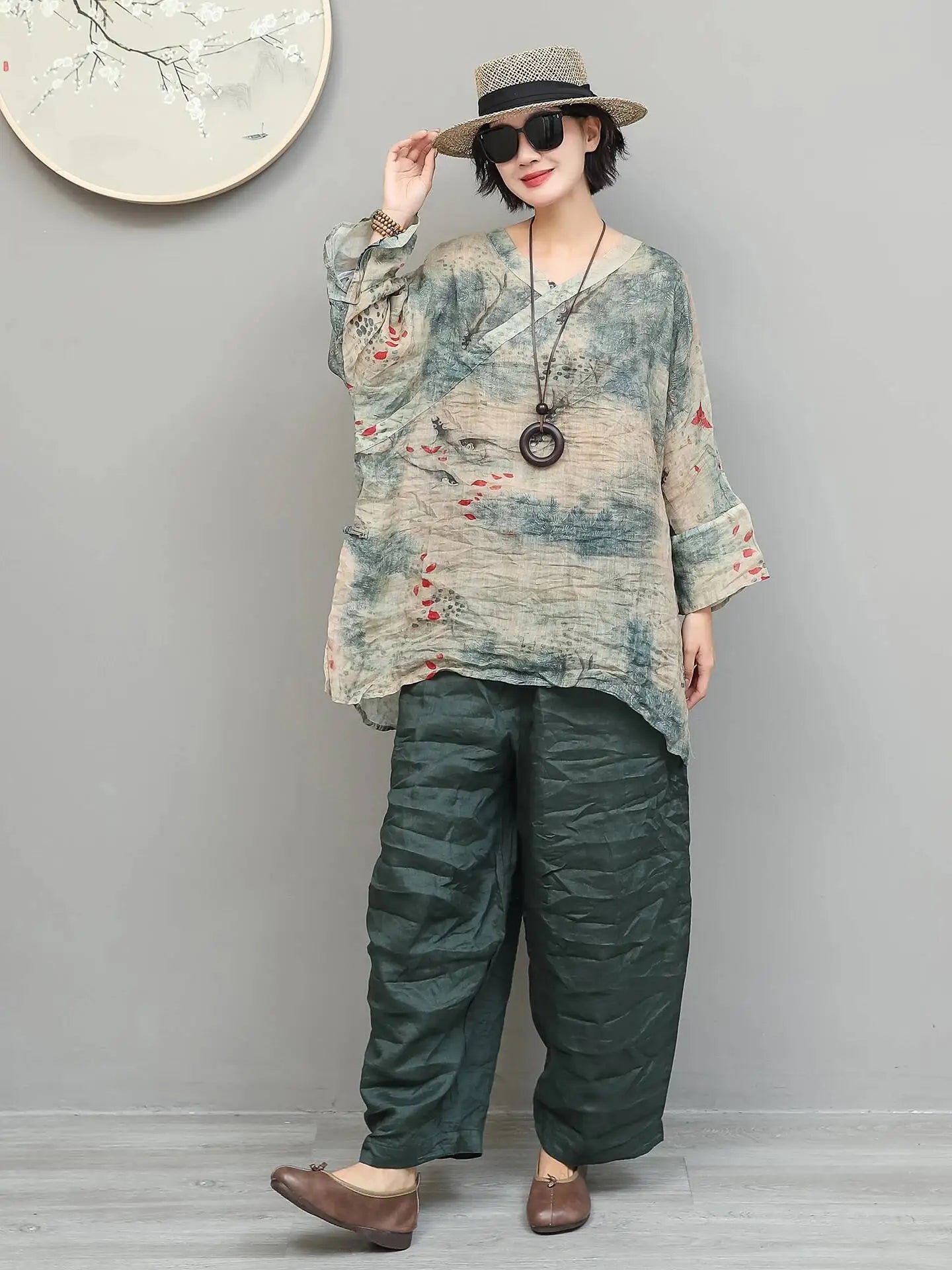 Artistic Ramie Pant Women Summer Lightweight Loose Casual Long Pants LX5871
