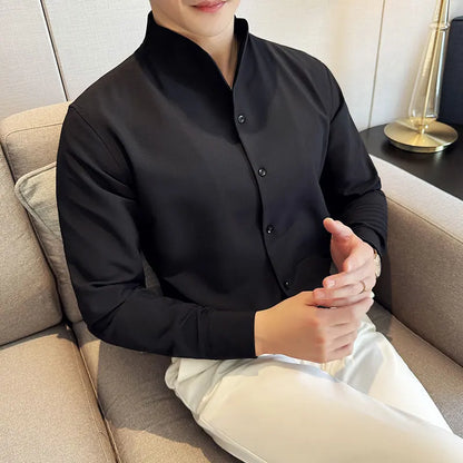 Advanced Sexy V-neck Men's Long Sleeved Shirt Designer Stand Up Collar Shirt Business Social Slim Fit Black and White Top