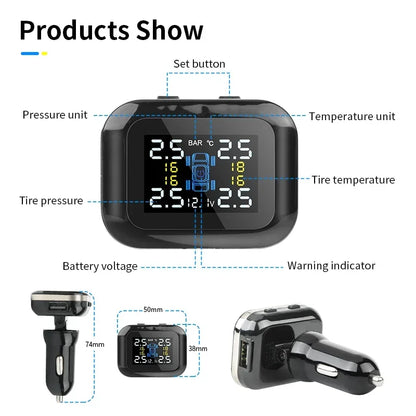 TY09 Smart Cigarette Lighter USB TPMS Car Tire Pressure Alarm Monitor System 4 Sensors Display Tyre Pressure Temperature Alarm