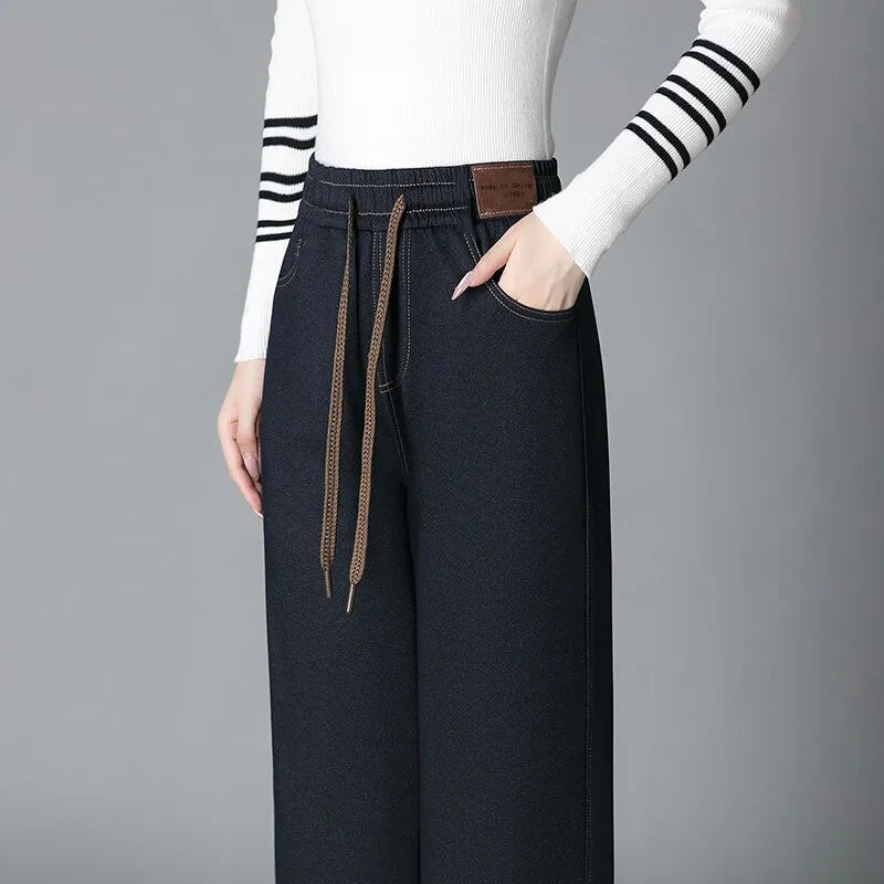 High Waist Fleece Lined Thick Wide Leg Jeans Women's Casual Straight Leg Pants Autumn Winter Loose Fit Comfortable Trousers