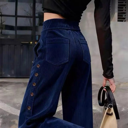 Korean Style High Waist Thickened Corduroy Wide Leg Pants Women's Winter New Style Side Button Long Trousers Casual Pants