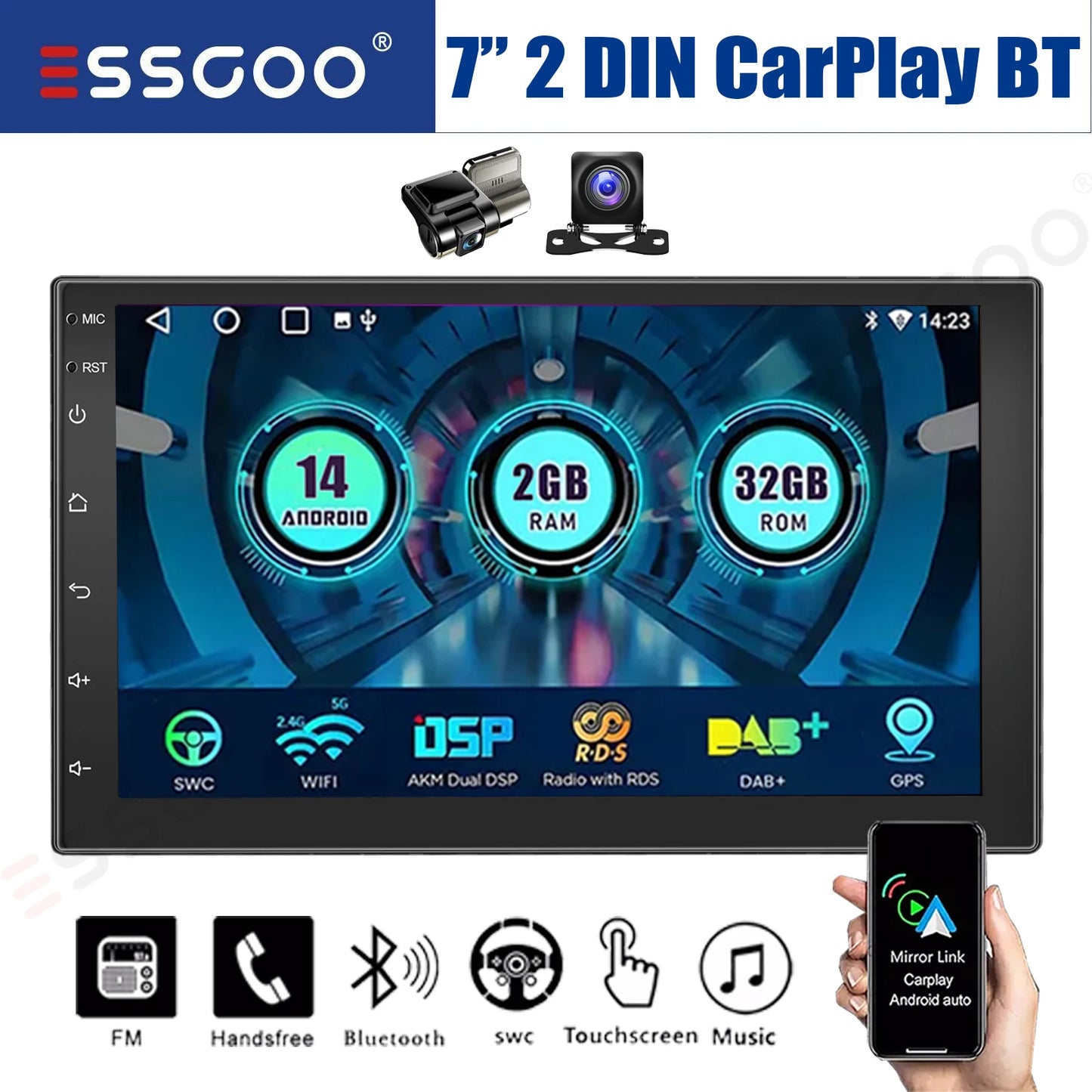 ESSGOO 7" Car Stereo Radio Double 2DIN Android 14 CarPlay Touch Screen 4+64G GPS Navigation Wifi FM/RDS Bluetooth SWC DVR&Camera