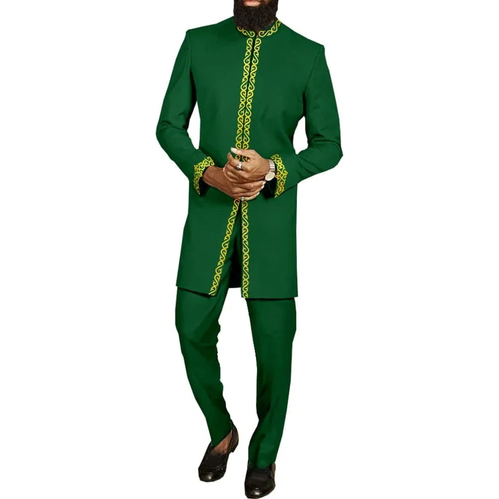 Fashionable Ethnic Embroidered Long Sleeve Long Pants Suit for Men New 2026 Style Summer Season round Neck Single Button Closure
