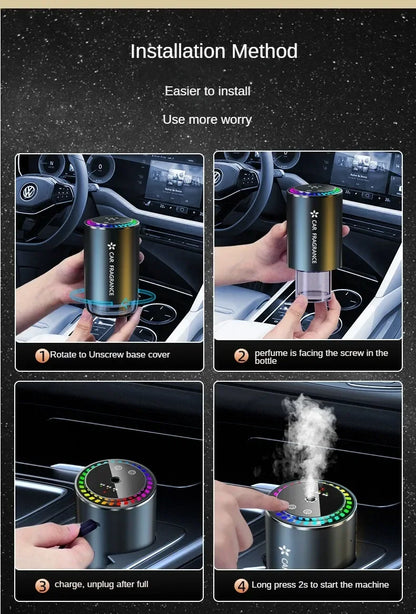 Car Aromatherapy Perfume with Automatic Spray Aluminum Alloy Metal Odor Remover with Colorful Star Ceiling Atmosphere Light