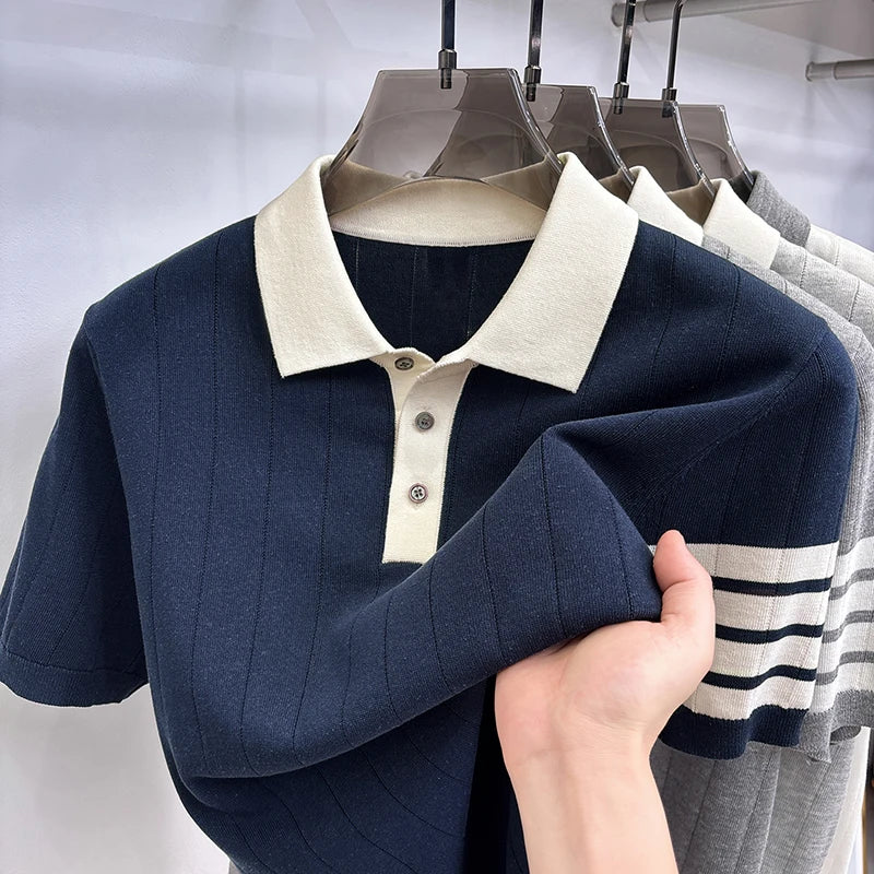 Quality Designer Brand Men Short-Sleeved Knitted Shirt Lapel Button Flax-Containing British Style Summer Leisure Men's Clothing