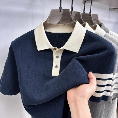 Quality Designer Brand Men Short-Sleeved Knitted Shirt Lapel Button Flax-Containing British Style Summer Leisure Men's Clothing