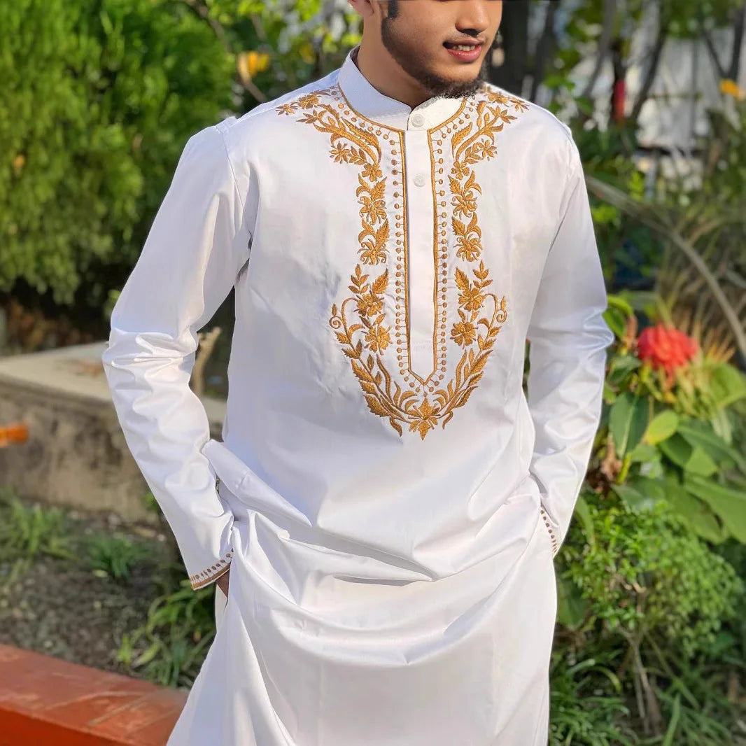2026 New White Embroidered Men's 2-piece Suit Men's Outfit 2026 Muslim Long Dress Robe Abaya Ramadan Dubai Luxury Islam Elegant