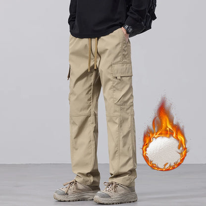 Men's Fleece Cargo Pants Winter Fashion Casual Pants Large Pockets Loose Velvet Trousers Male Plush Thickened Warm Pants