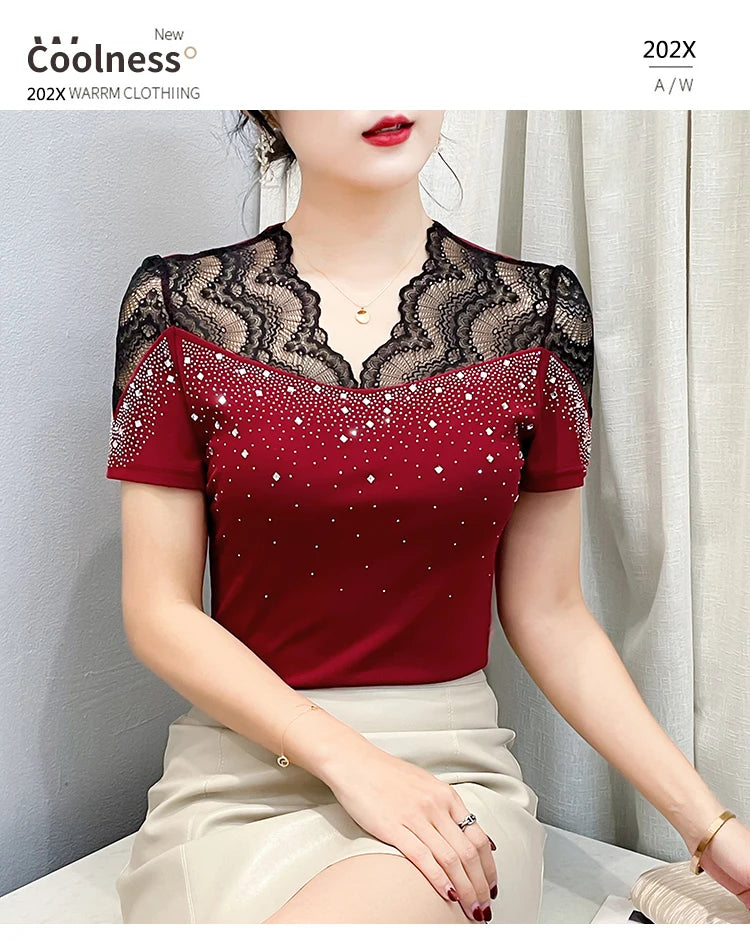 2026 Summer Women Tops New Korean Fashion Diamond Mesh T Shirt V-neck Short Sleeved Patchwork Lace Shirt
