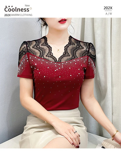 2026 Summer Women Tops New Korean Fashion Diamond Mesh T Shirt V-neck Short Sleeved Patchwork Lace Shirt