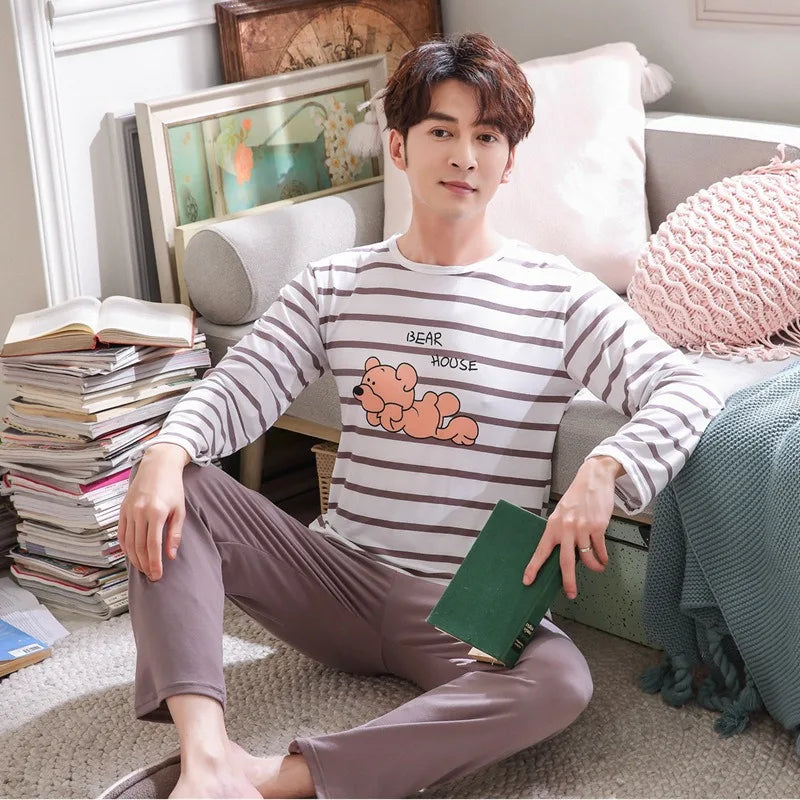 Spring and Autumn Long-Sleeved Long Pants Men's Pajamas Homewear Loose Casual Striped Nightwear Large Size Sleepwear Loungewear