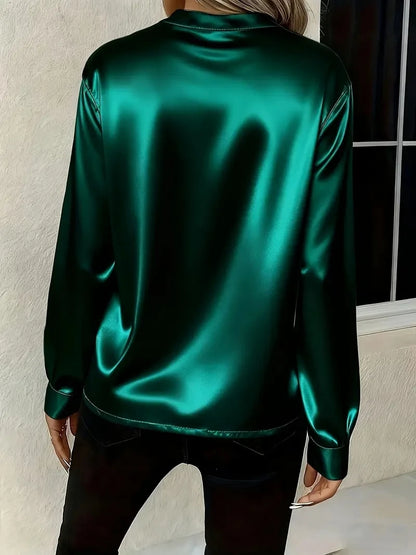 Elegant Long Sleeve V-Neck Silk-Like Top for Women, Perfect for Office & Evening Wear