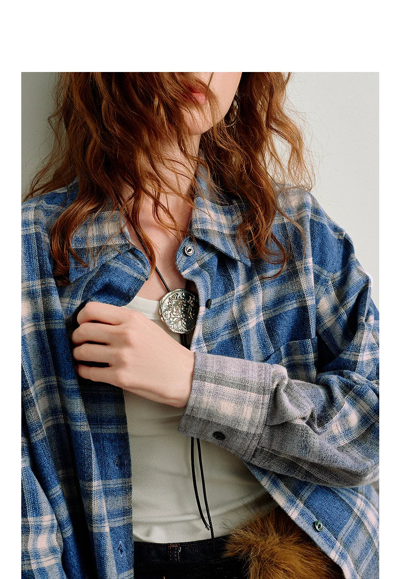 TOYOUTH Women Brushed Shirts 2026 Spring New Mid-Length Gradient Blue-White Plaid Loose Blouses