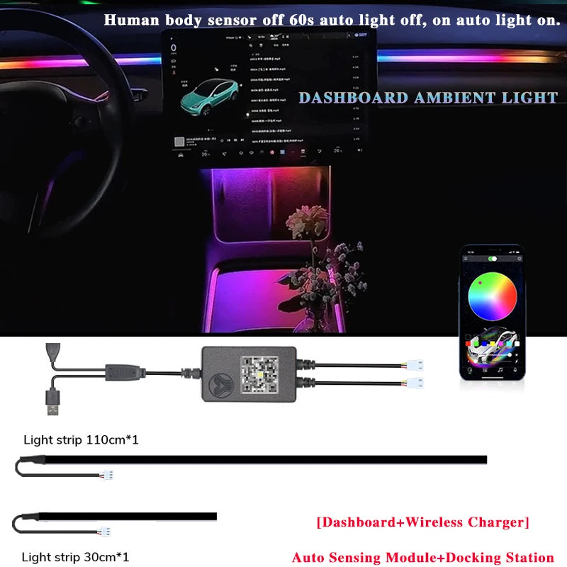 For Tesla Model 3 Model Y Car Ambient Light 60 Seconds Automatic OFF Module With USB Expansion Dock RGB APP Dashboard Lighting