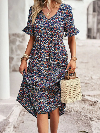 Msfilia Fashion V Neck Elegant Printed Dress Women Summer Short Sleeve High Waist A Line Floral Holiday Dresses
