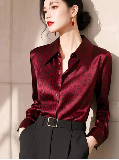 Red Leopard Print Long Sleeve Shirt Women's Fashionable Maturity Style Premium Quality Top Trendy Autumn 2025 Casual Wear