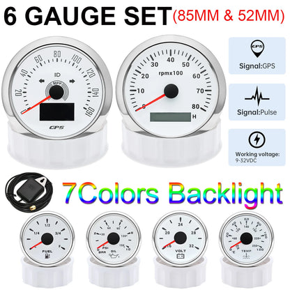 6 Gauge Kit 85mm GPS Speedometer 200KM/H Tachometer 8000RPM Fuel Level Water Temp 0-120℃ Oil Pressure Gauge 12V Voltage Meter