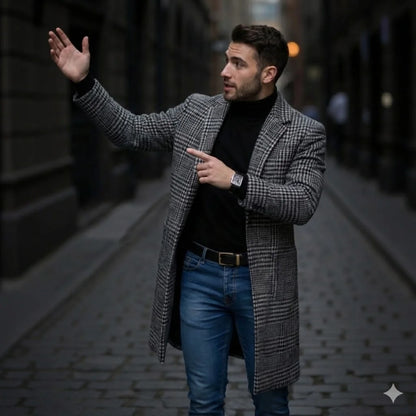Men's Single Breasted Woolen Blend Trench Coat, Stripes Long Warm Windproof Jacket for Autumn, Classic Solid Color Outerwear
