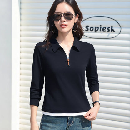 False Two-piece Design Polo Collar Shirt Women's Long Sleeve Cotton T-Shirt Solid Color Business Casual Blend Top Fashion Style