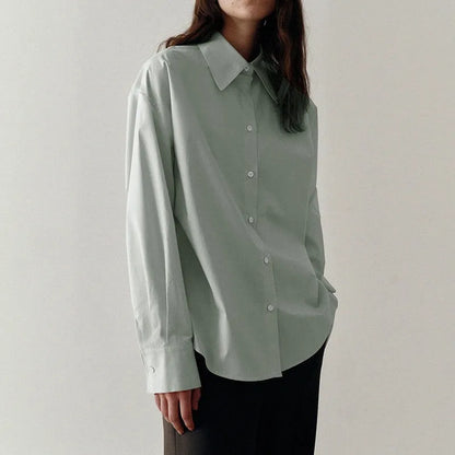 100% Cotton Loose Solid Color Basic Shirt For Women Spring 2026 Elegant Office Ladies Lapel Collared Cardigan Long-Sleeve Shirts