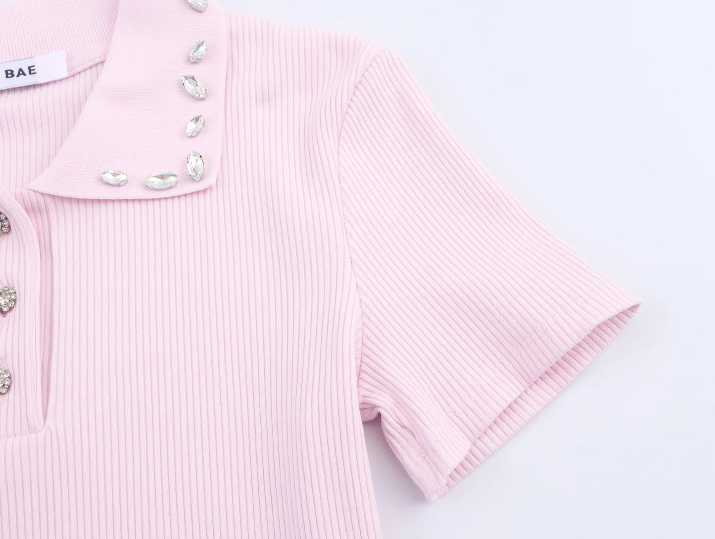 Retro American Diamond Embedded Short Sleeve Knitted T-shirt Women's Sweet Anti-aging Top Jewelry Collar Turn-down Collar