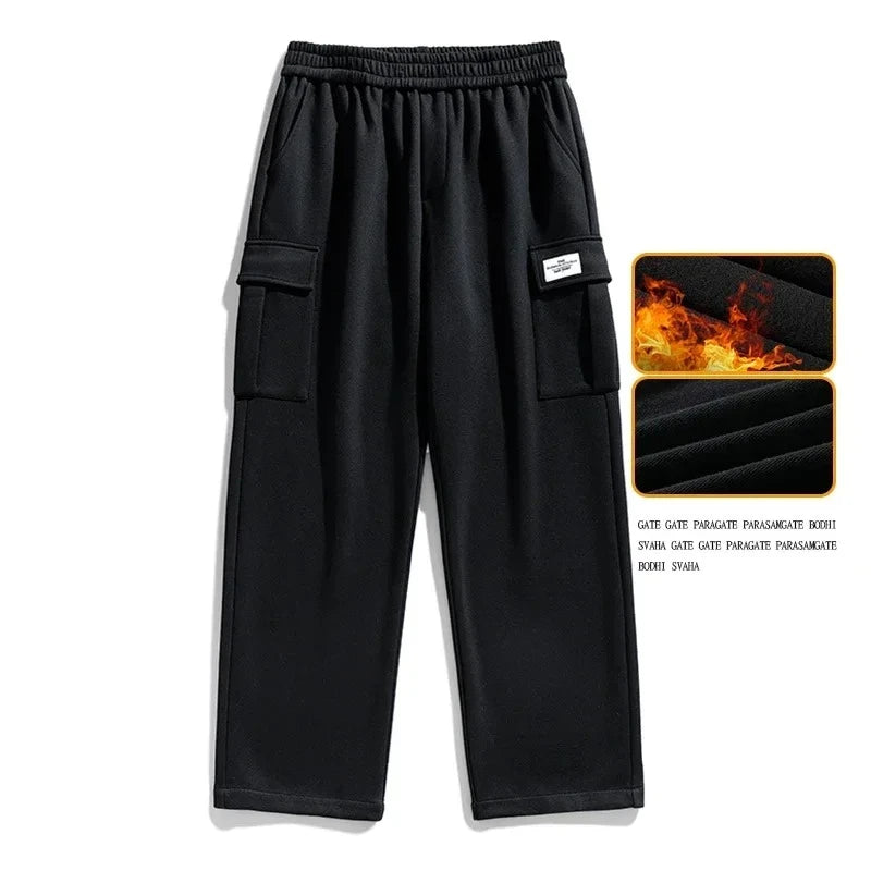 Winter Velvet Fleece Sweatpants Men Baggy Joggers Cargo Pants Neutral Breathable Loose Outdoor Solid Color Wide Legged Trousers