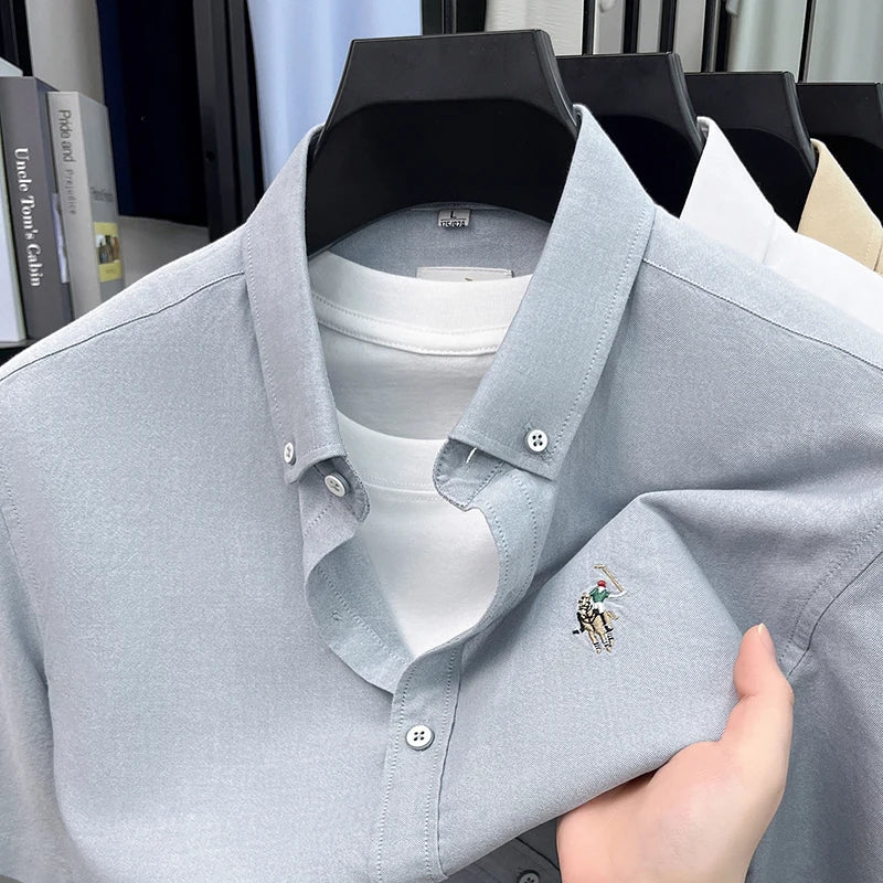 High-end Embroidered Summer 100% Cotton Short-sleeve Shirt for Men, Embroidered Youth Shirt, Business Casual Half-sleeve