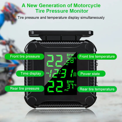 Powstation TPMS Wireless Motorcycle Tire Pressure Monitoring System Solar Charge Tyre Temperature Alarm System Colorful Display