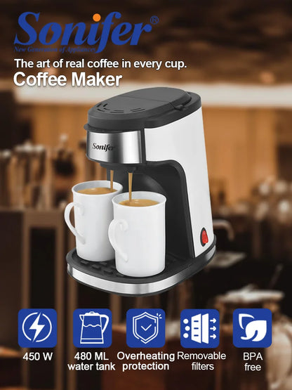 Sonifer 2-Cup Drip Coffee Maker SF-3540 (240ml), 450W, Includes 2 Porcelain Mugs, Reusable Filter, One-Touch Control