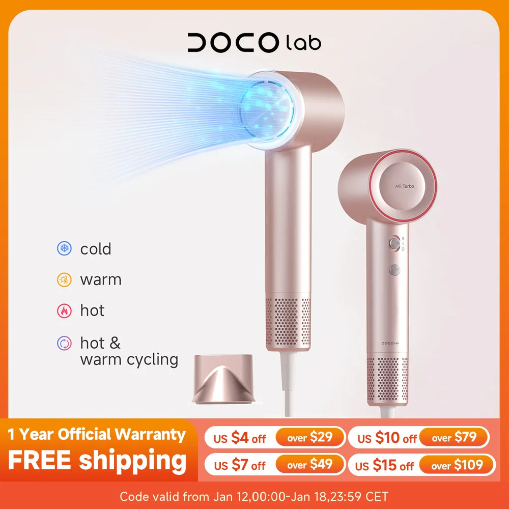 DOCOLAB High Speed Hair Dryer UK Plug Negative Ions Straightener 525g Lightweight Magnetic Nozzle Blow Dryer Home Travel Gift